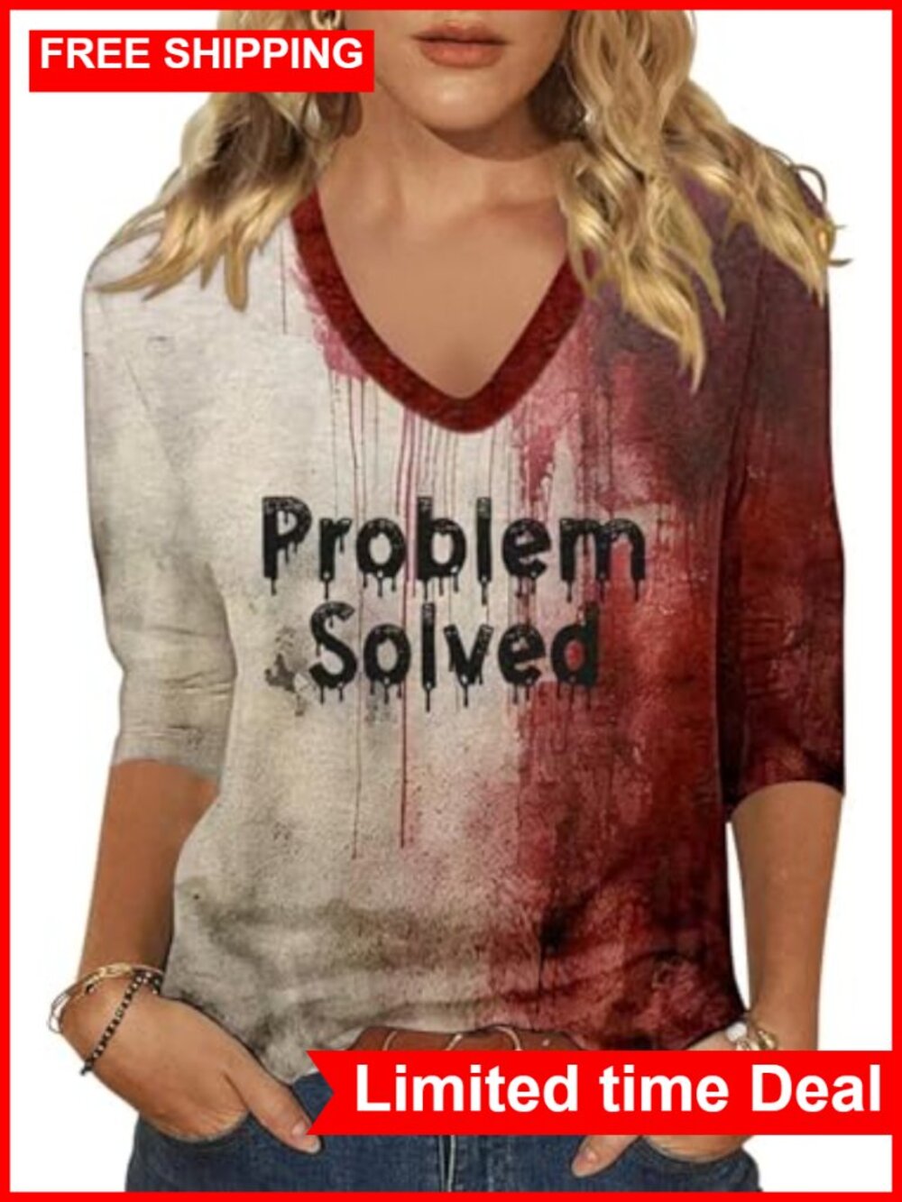 Womens Fall Halloween 3/4 Sleeve V Neck Shirts